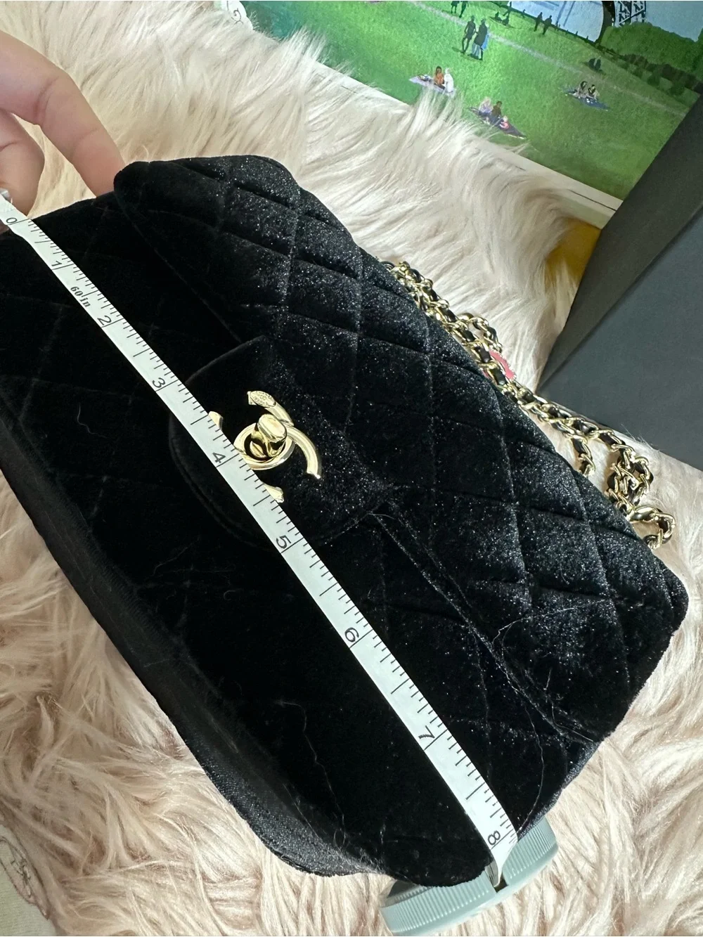 GWP Black Quilted Velvet Mini Shoulder Bag with Gold Chain and Charms